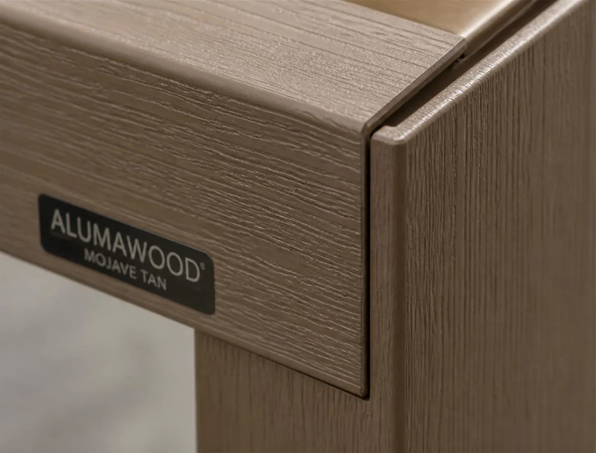 Close-up of the baked-on wood-grain finish on an Alumawood aluminum beam
