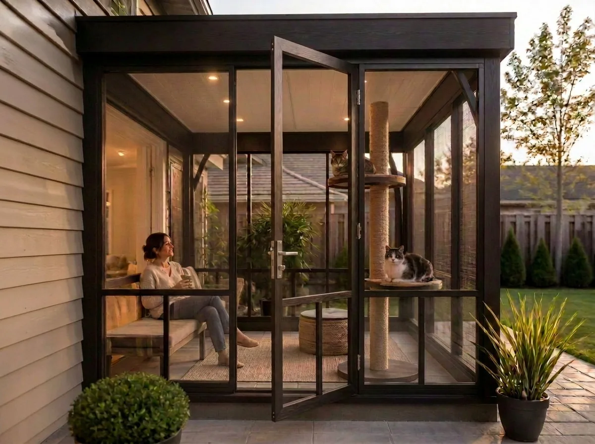 A Catio Haus walk-in catio in Ebony Alumawood with vinyl window panels, climbing post, two cats and a woman relaxing inside