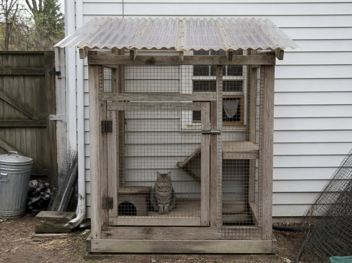 A weathered homemade wooden catio with wire mesh on the side of a house, with a single cat isolated inside