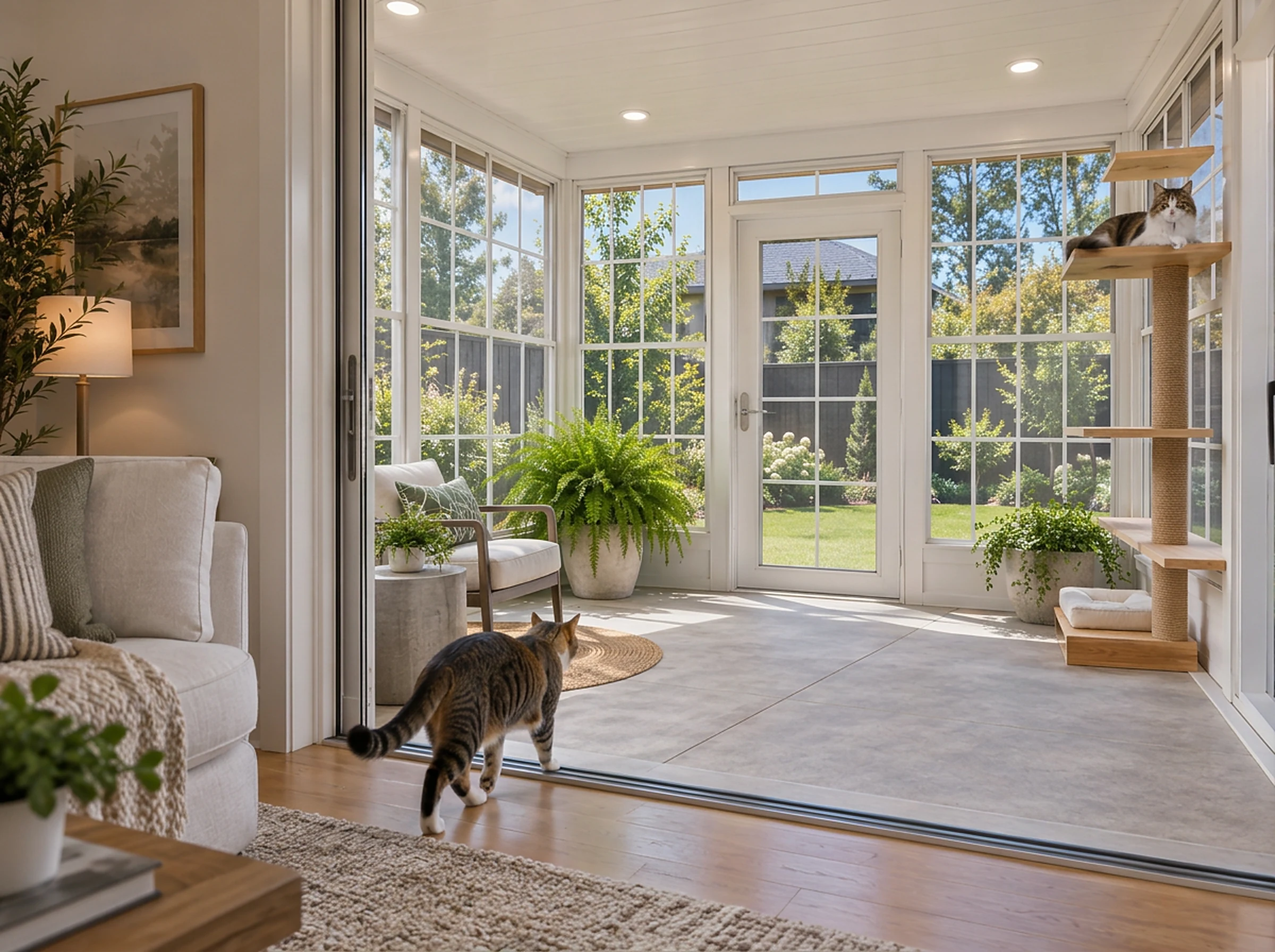 View from a living room through an open sliding door into a white Alumawood walk-in catio, with a cat stepping across the threshold