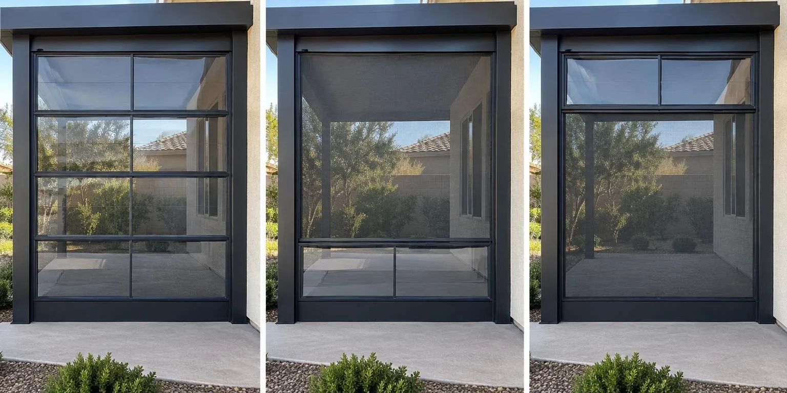 The same catio window shown closed, with panels stacked down, and with panels stacked up