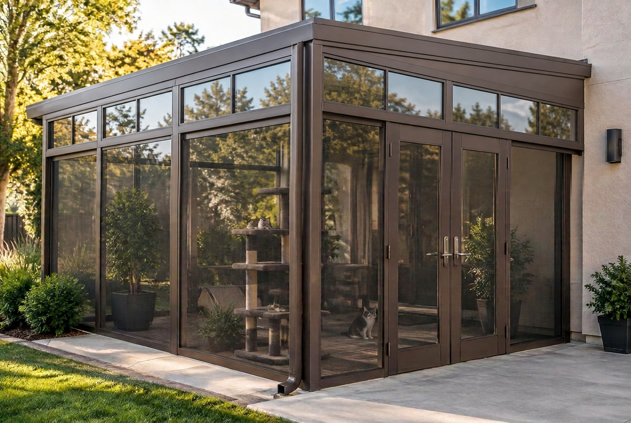 Exterior three-quarter view of a Spanish Brown Alumawood walk-in catio attached to a modern home over a concrete patio slab