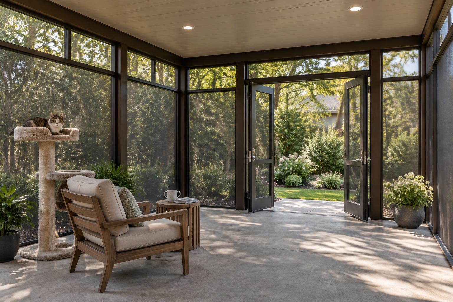 Inside a walk-in catio with a teak lounge chair, side table with coffee, and a cat resting on a sisal cat tree